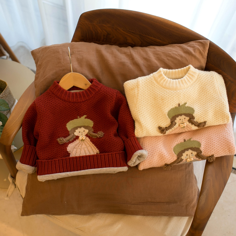 冬款女童加绒加厚小女孩套头毛衣