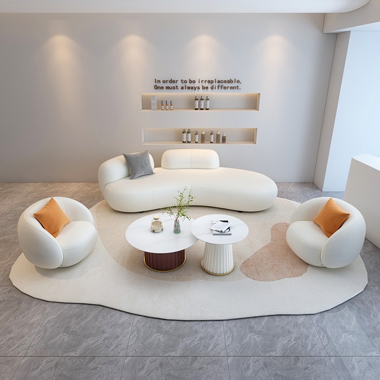 白色免洗猫抓皮沙发休息区接待室女服装店弧形茶几组合美容院接待