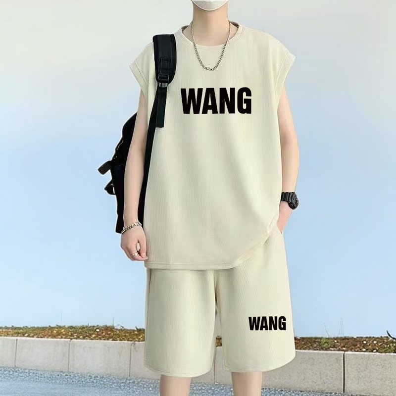 夏季冰感无袖t恤男士宽松休闲篮球套装坎肩背心速干短裤运动男装