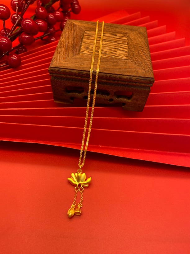 坠链均足银 足银项链 包金时尚百搭款荷花形套链