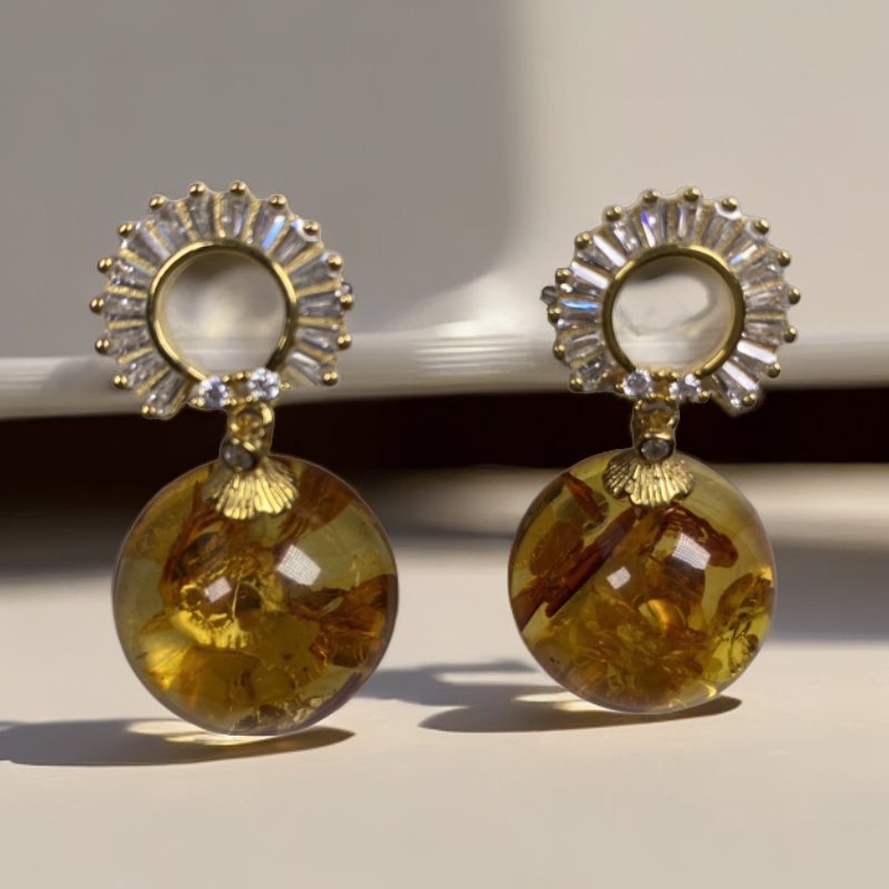 天然琥珀花珀气质轻奢时尚复古耳饰