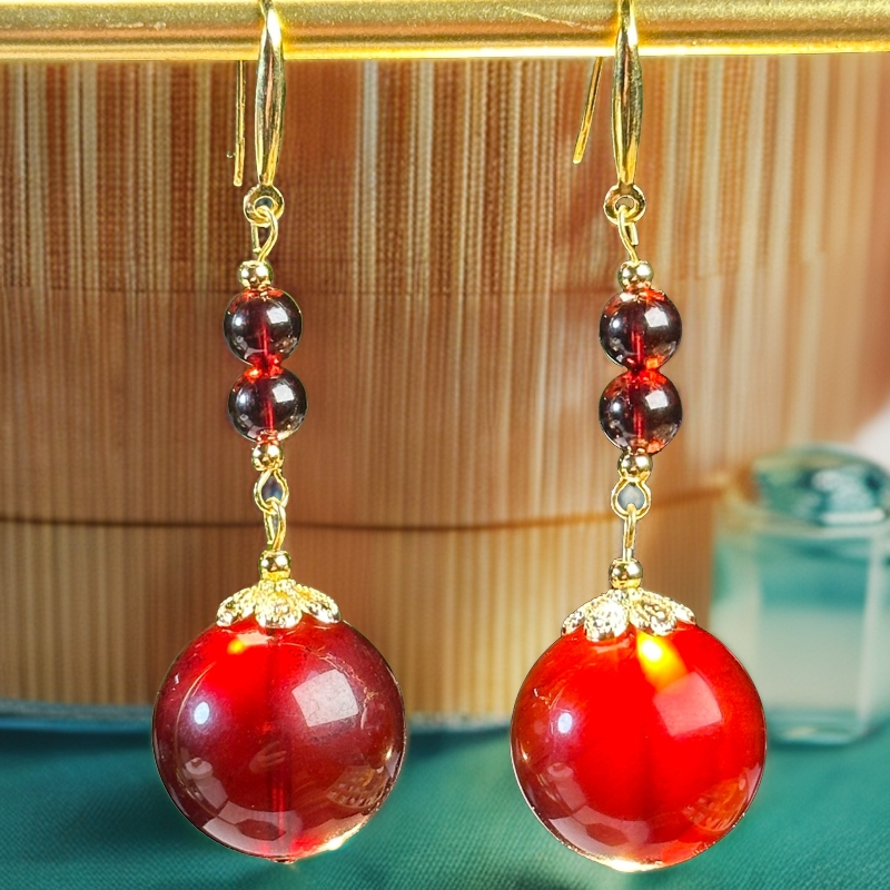 天然琥珀缅甸琥珀圆珠耳环耳钩气质时尚红色简约长款复古精美百搭