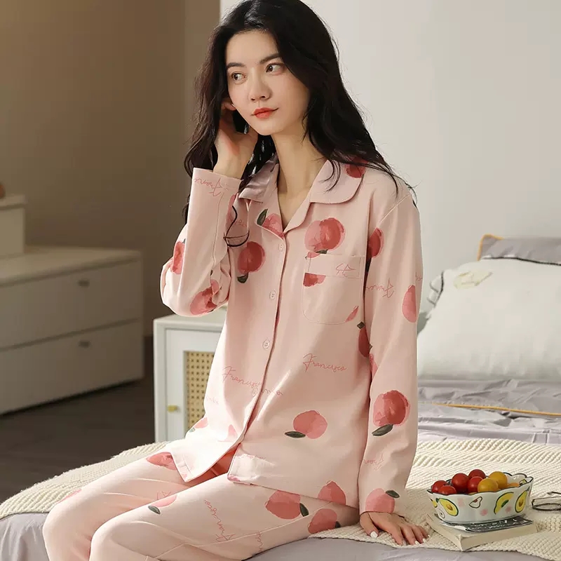 女士春秋季长袖长裤双面100%纯棉青年睡衣家居服套装【20310】