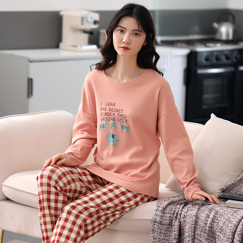 2023年睡衣女纯棉春秋圆领长袖长裤女士家居服套装【88062】