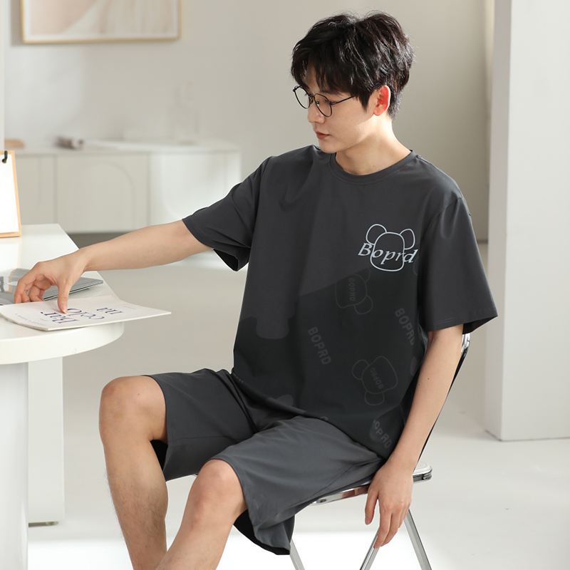 索盾睡衣男夏季纯棉薄款短袖短裤套装男士青年宽松休闲全棉家居服