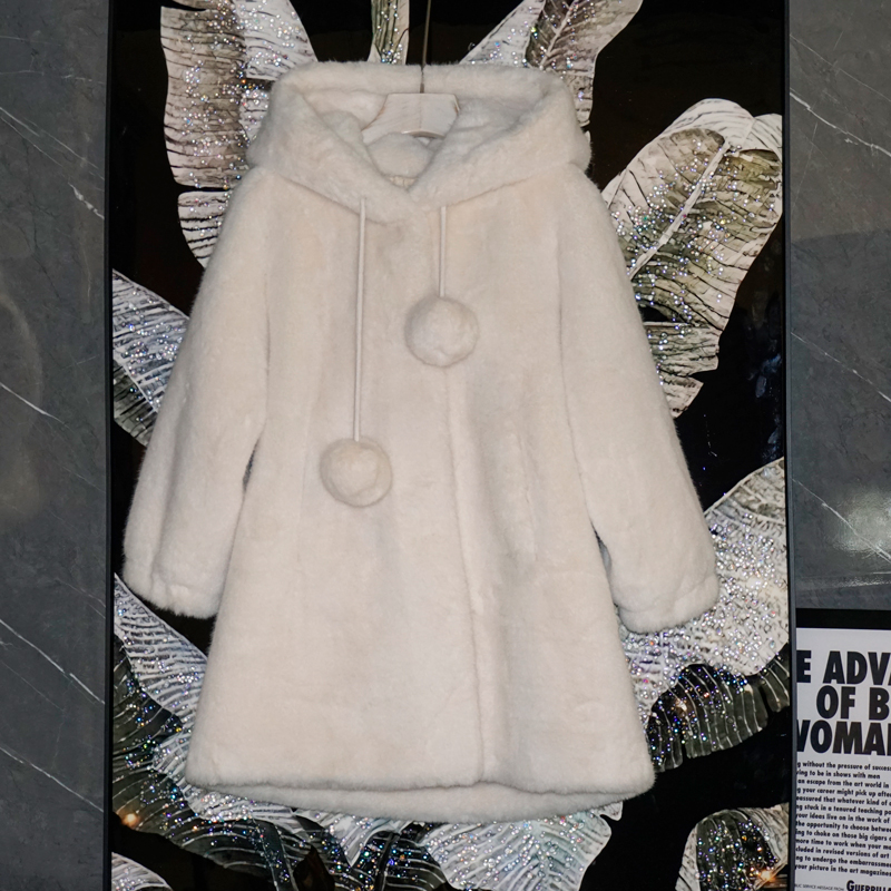 儿童女童时尚连帽中长款加绒洋气大童毛呢毛绒加厚保暖ol冬季棉服