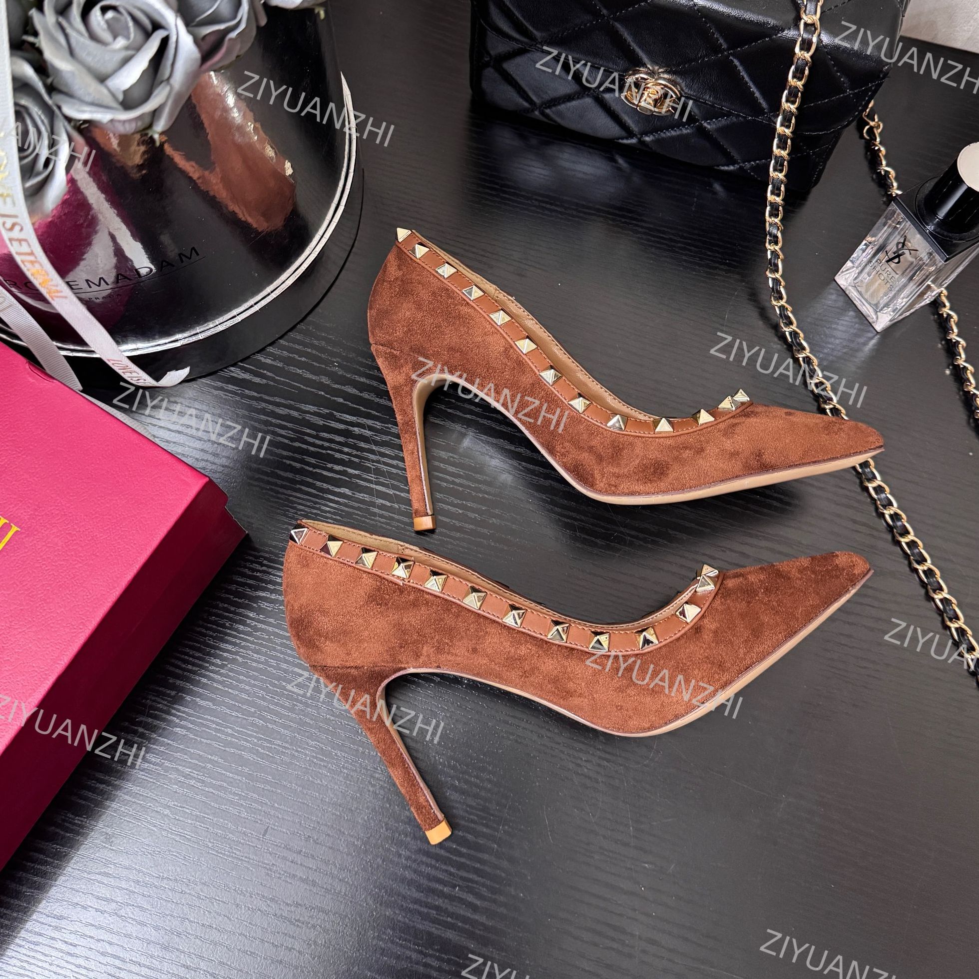 【柒七匠心】铆钉美拉德绒面高跟鞋女御姐黑色时尚细跟尖头气质单鞋