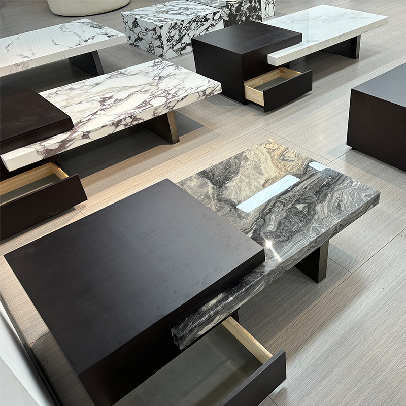岛台大理石茶几 宝格丽极简可拉伸长方形客厅家用带抽屉组合茶几
