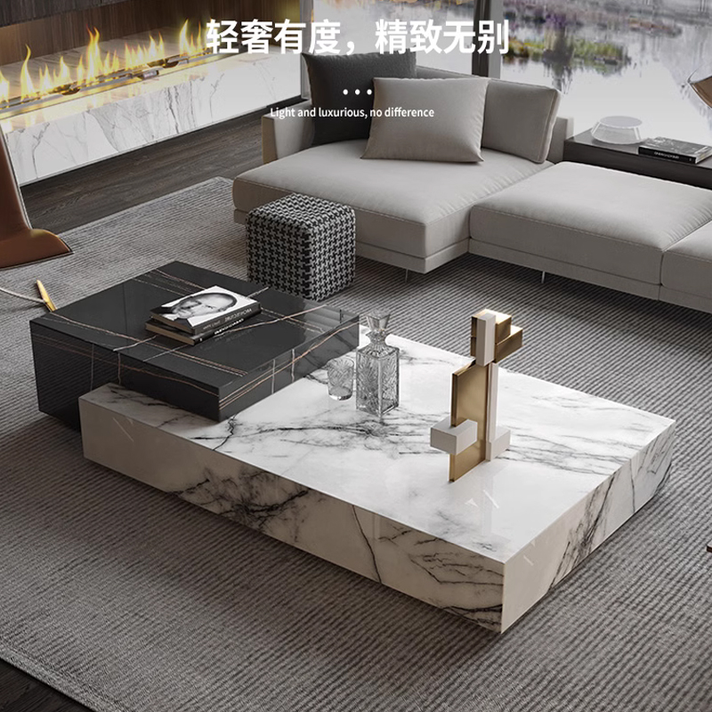 国产大理石茶几轻奢高档别墅极简北欧带抽屉云中翡翠宝格丽茶几