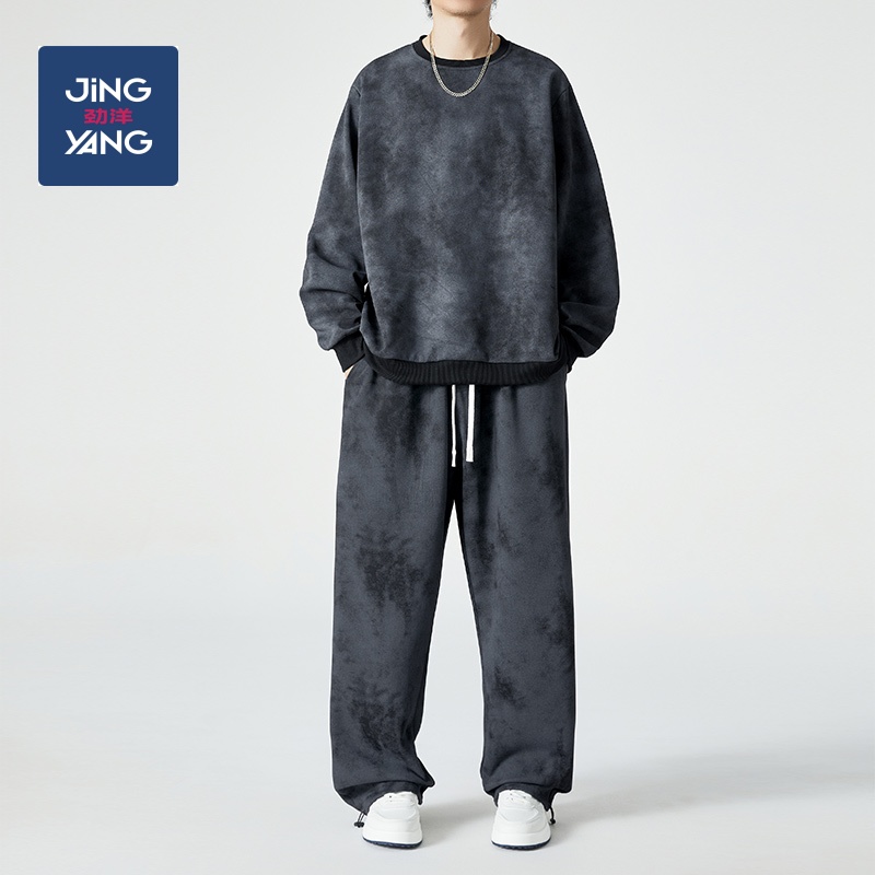 大码休闲运动套装男秋季宽松加肥加大男装圆领套头卫衣胖子休闲裤