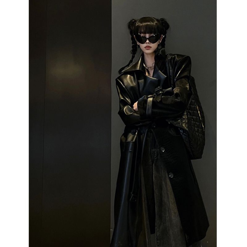 甜酷风潮流炸街黑色机车服外套春秋新款中长款皮大衣时尚辣妹女装