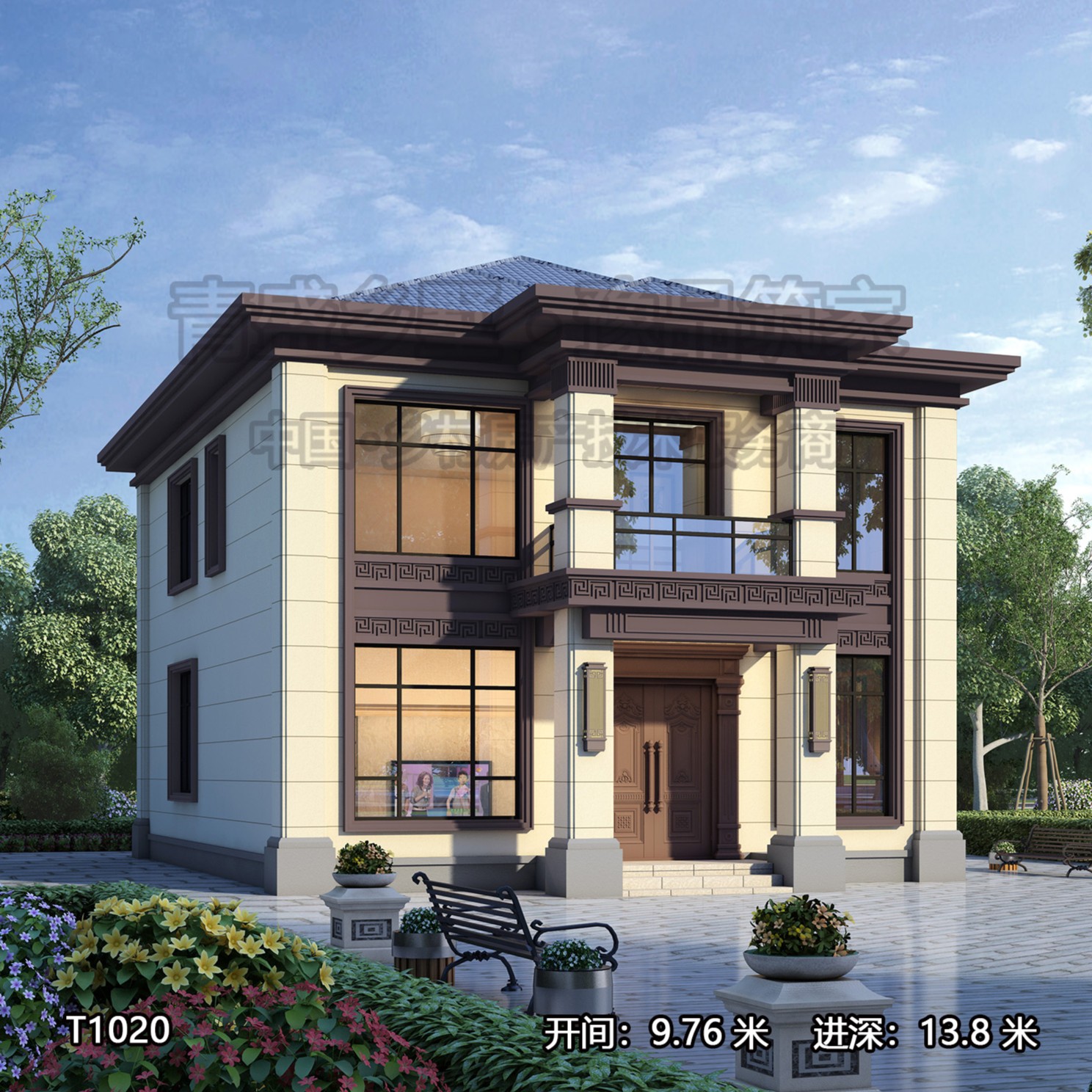 T1020【9.76*13.8】 二层新中式茶室衣帽间卧室阳台等别墅平面图纸