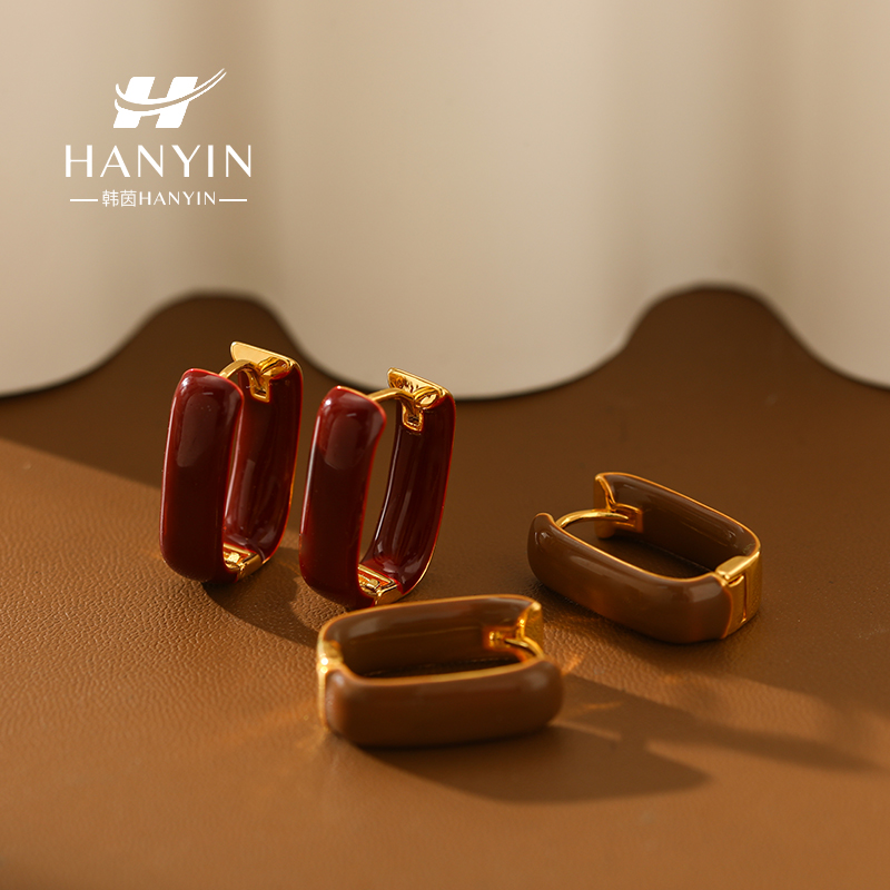 铜合金珐琅耳饰 高级轻奢时尚百搭美拉德风几何小众耳环耳扣法式