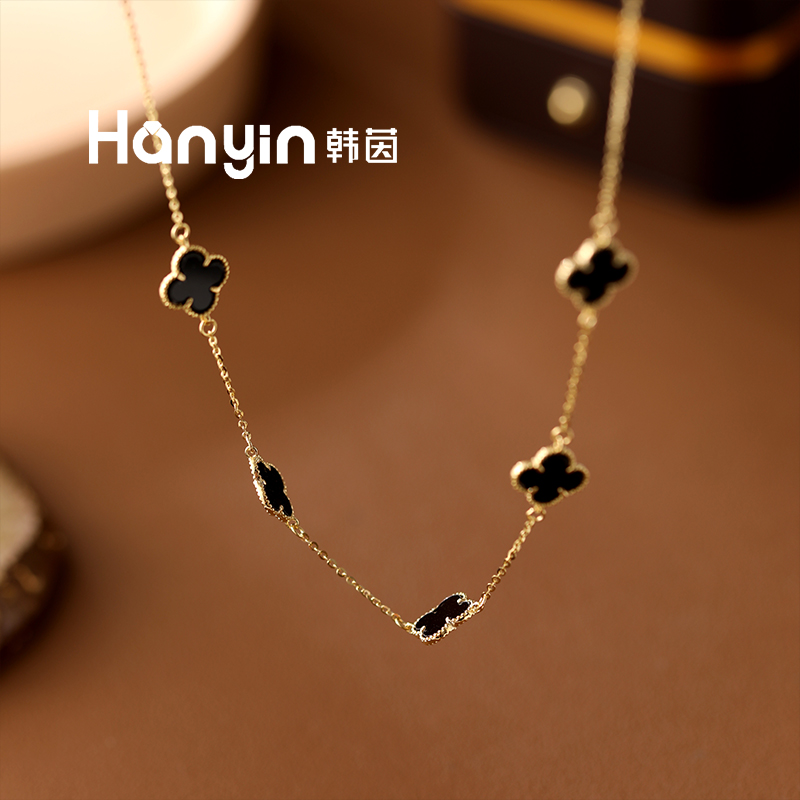 坠链均925银仿水晶 时尚百搭气质光面纯银黑色四叶草项链AAA