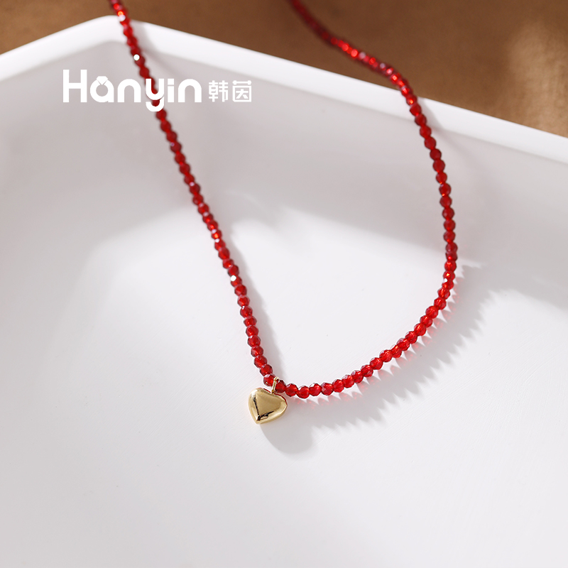 钛钢仿水晶项链 气质轻奢时尚百搭红尖晶小爱心小众简约毛衣链