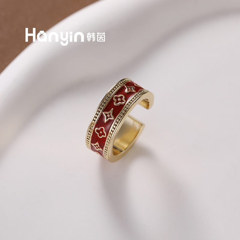 铜合金珐琅戒指 气质轻奢时尚小众简约老花红色活口指环【孤品】