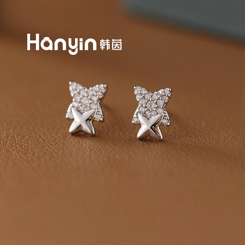 铜合金合成锆石耳饰 925银针尖花四叶草满微镶耳钉AAA