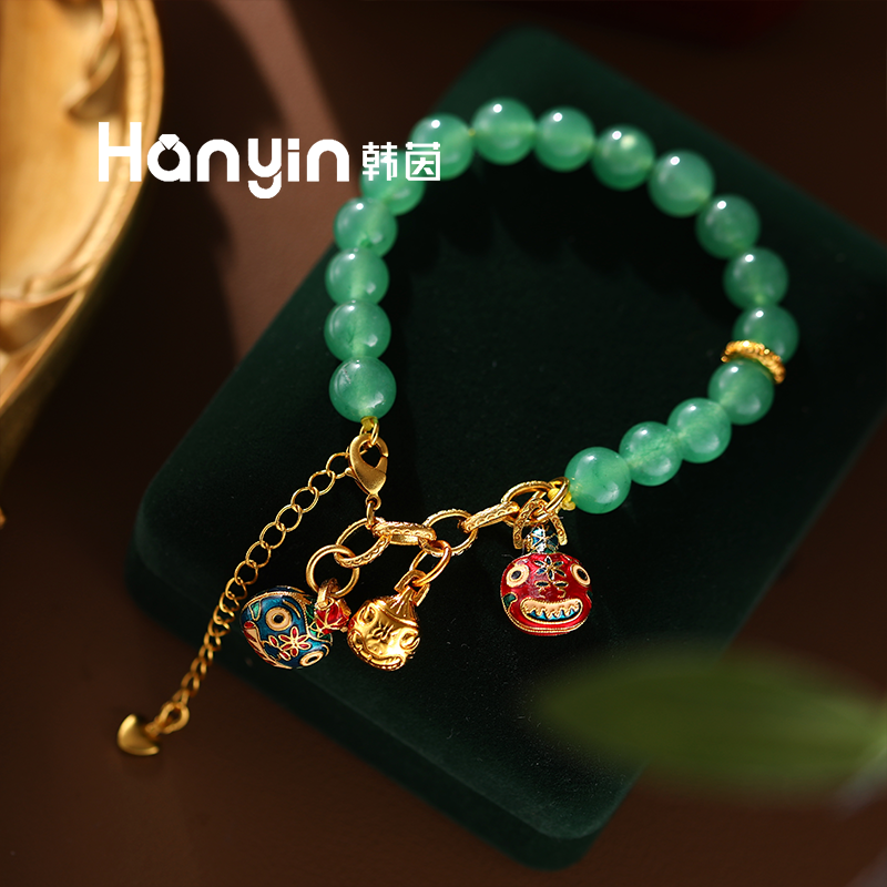 铜合金仿水晶手链 国风经典吞吞兽一家8mm珠珠手链