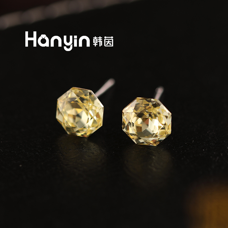 925银合成锆石耳饰 时尚百搭纯银黄色大颗粒微镶切面八边形耳钉女