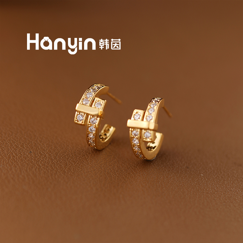 铜合金合成锆石耳饰 925银针气质光面微镶拼接C形耳钉AAA