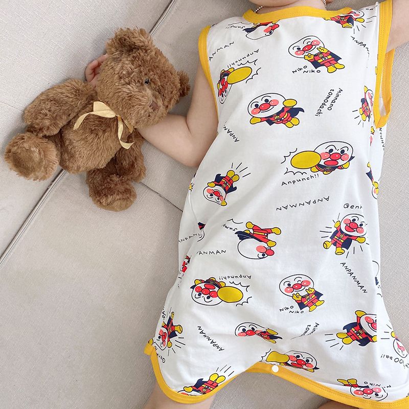 面包超人图案连体睡裙夏季薄款儿童无袖背心防踢护肚连体衣睡袋