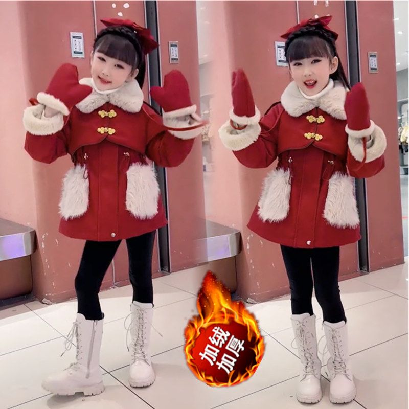 女童冬装派克服2023新款冬季儿童棉服中大童装加绒加厚外套过年服