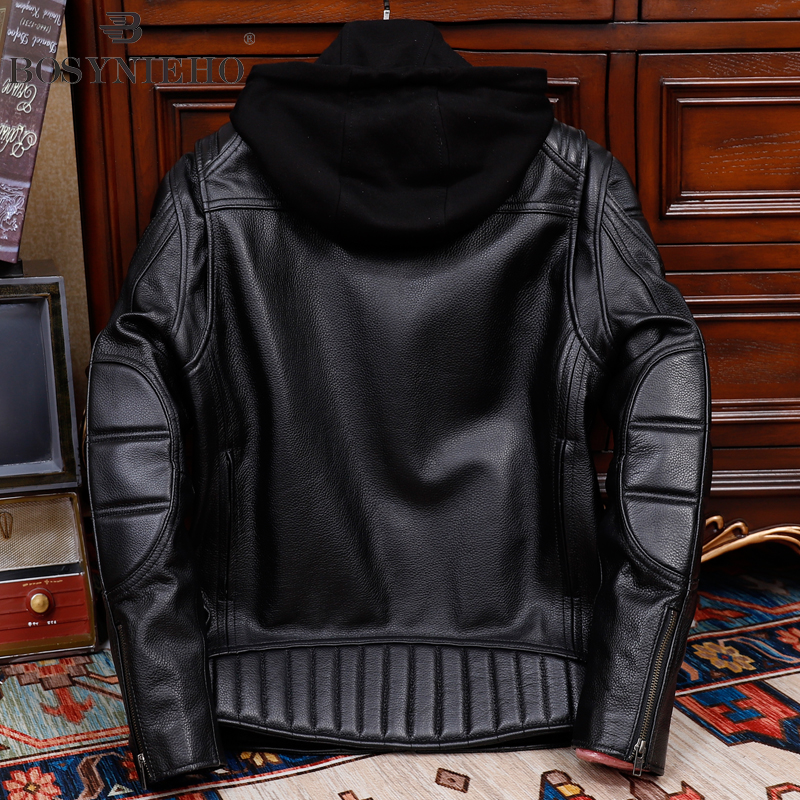 头层牛皮连帽机车服真皮皮衣男士修身时尚修身纯皮夹克短款外套