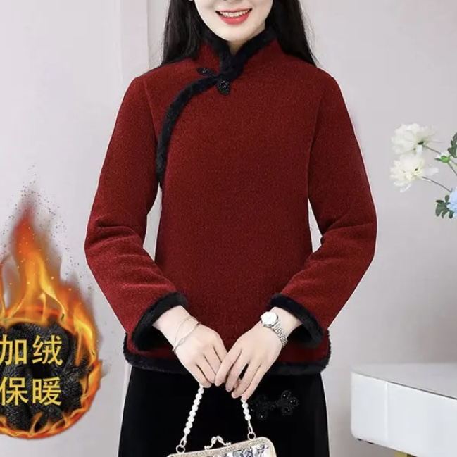 复古中式旗袍领盘扣加绒加厚保暖上衣