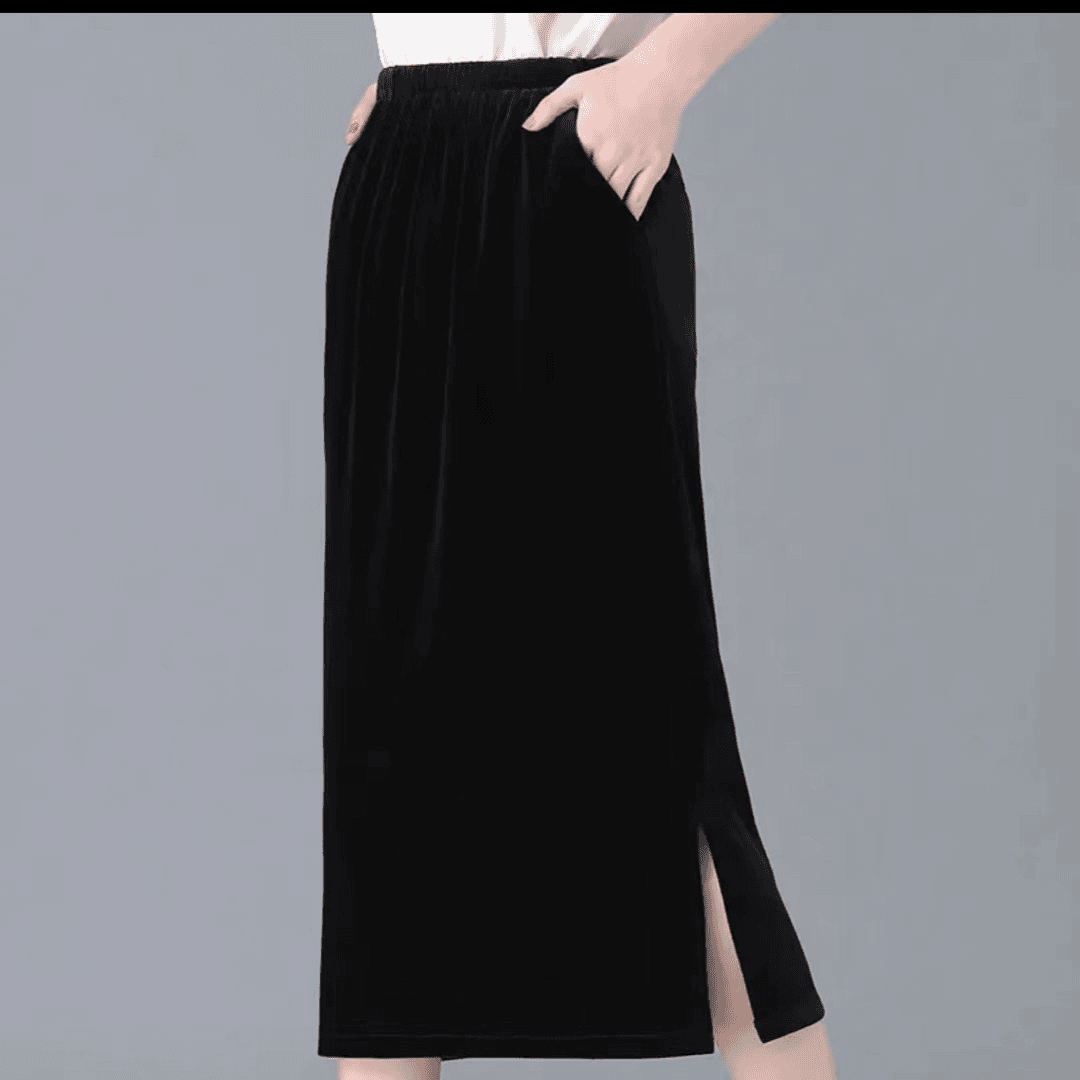 YXAE 松紧腰金丝绒侧开叉半身裙