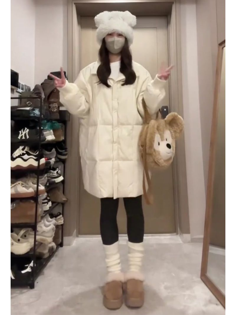 大码奶呼呼米白色羽绒棉服女中长款宽松加厚立领冬季韩系棉衣外套