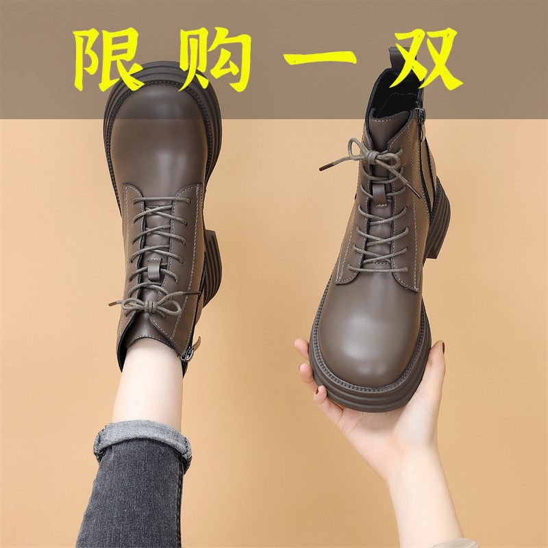 红蜻蜓牌低帮马丁靴女真皮2023年新款秋冬英伦风系带平底百搭真