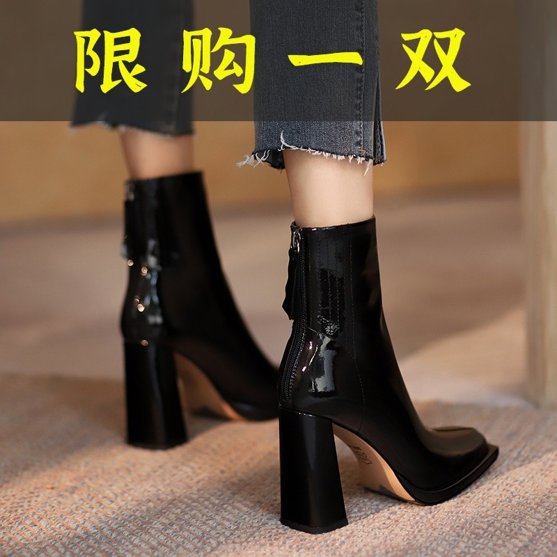 红蜻蜓牌高跟短靴女真皮方头粗跟靴2023秋冬新款漆皮后拉链时装