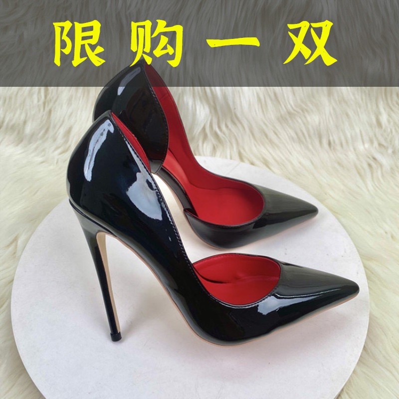 红蜻蜓牌侧空红底黑色高跟鞋女2023新款性感气质细跟尖头漆皮浅