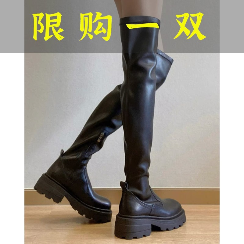 红蜻蜓牌过膝长筒靴秋冬新款复古高筒长靴增高厚底方头显瘦弹力