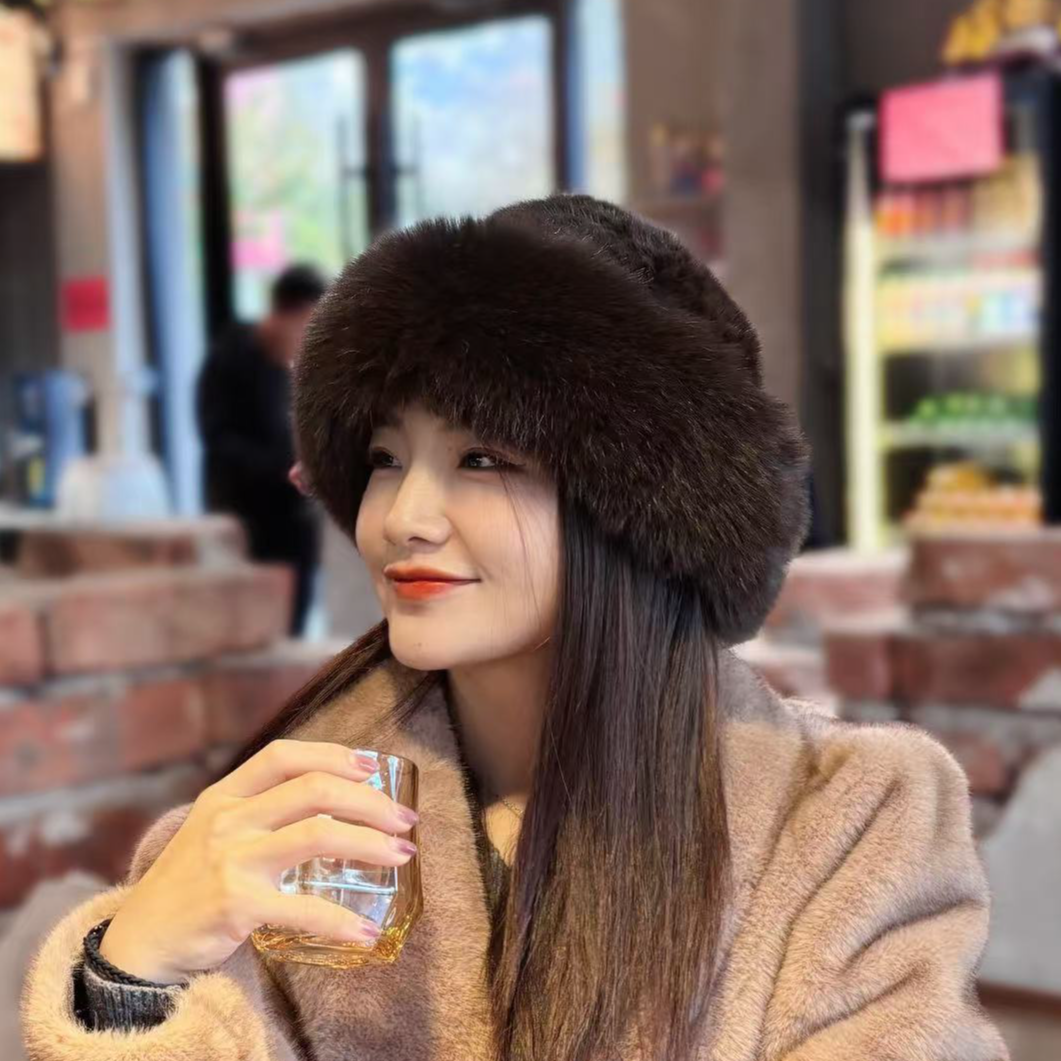 【樂意】水貂毛帽子女冬季狐狸毛皮草帽冬季时尚保暖盆帽帽子女冬季