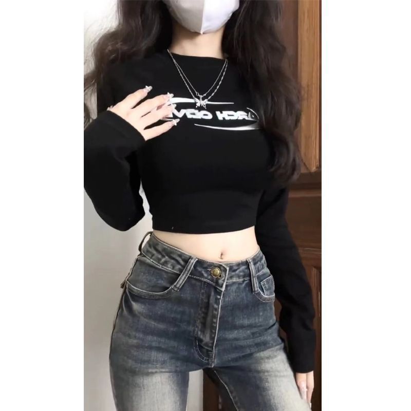 美式修身长袖T恤女2023新款显瘦设计感小众短款甜辣妹打底衫上衣
