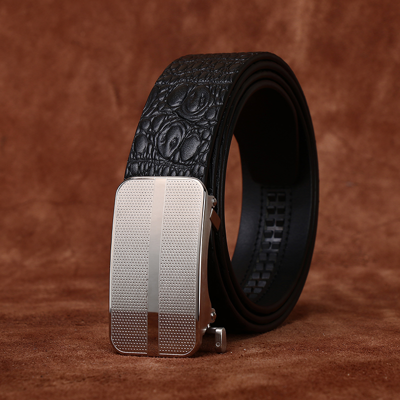 时尚潮流鳄鱼纹不锈钢自动扣皮带男真皮头层牛皮商务正装西裤腰带