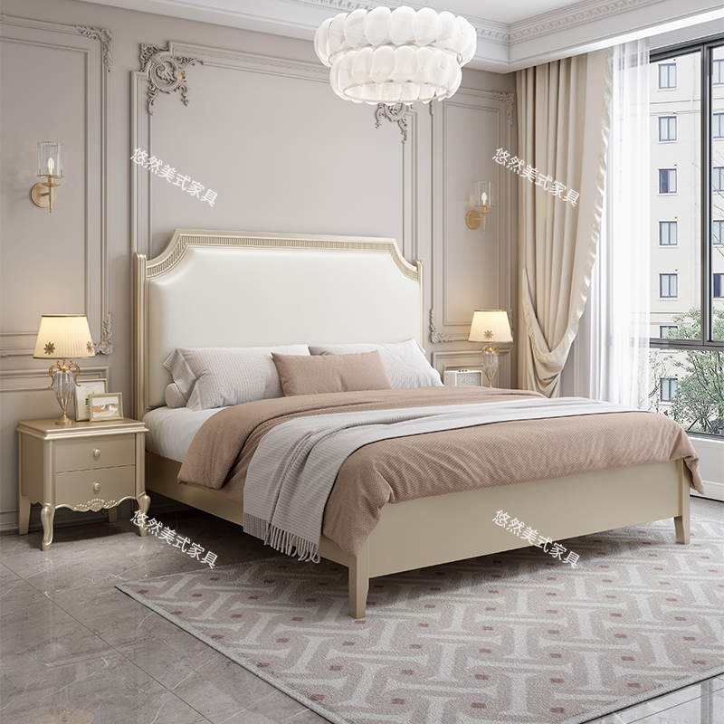 美式轻奢简约家用实木床双人大床主卧室婚床高箱储物床真皮软包床
