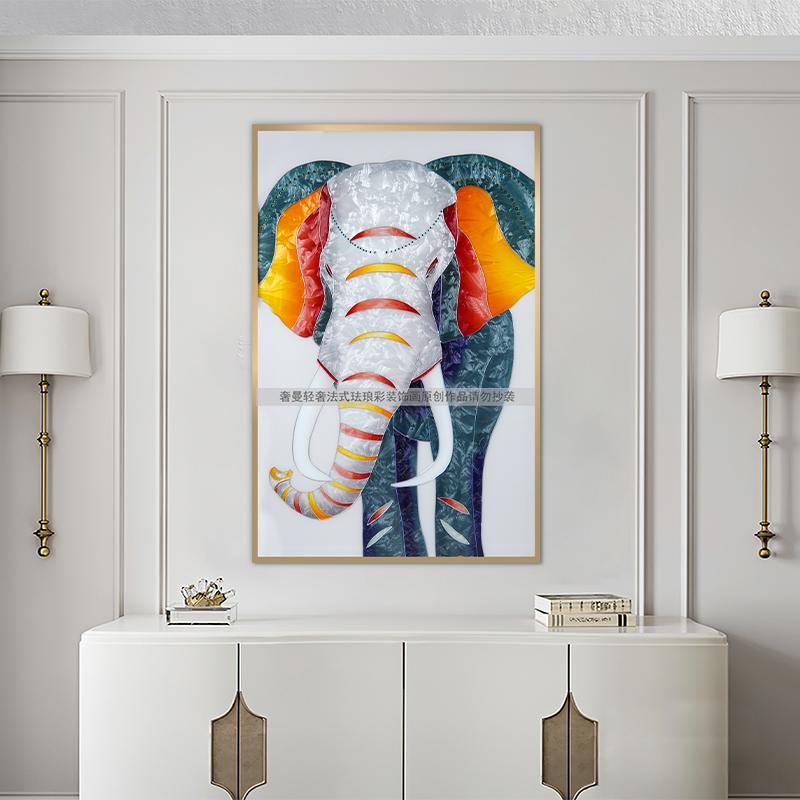 现代轻奢大象手绘珐琅彩装饰画吉祥如意客厅餐厅挂画高级走廊入户