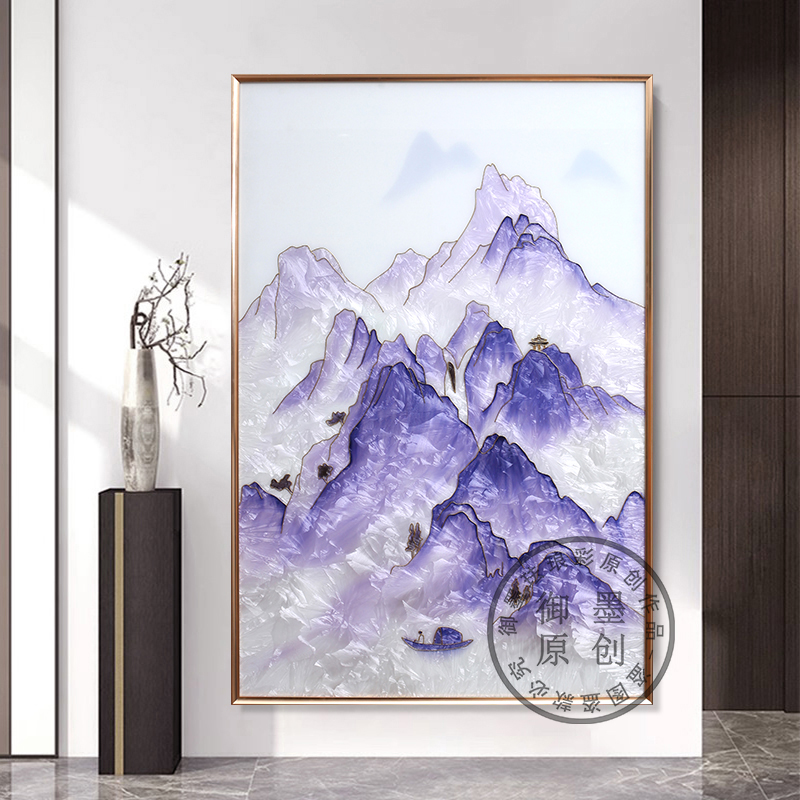 现代新中式手绘珐琅彩装饰画山水画紫气东来玄关走廊过道入户竖版