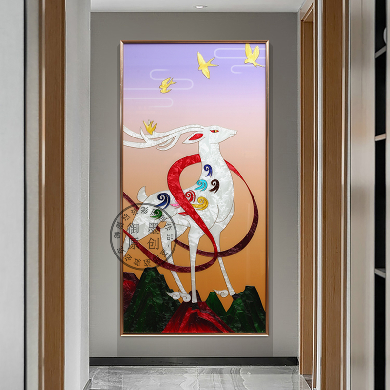 现代新中式手绘珐琅彩装饰画轻奢鹿福禄玄关走廊过道入户竖版