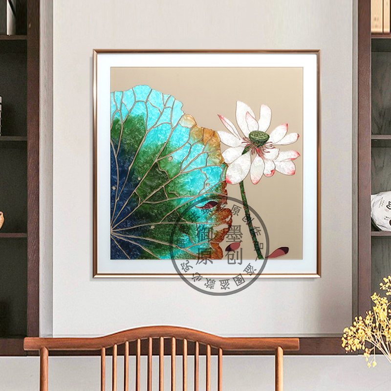 现代手绘珐琅彩装饰画新中式花卉荷叶荷花玄关客厅挂画正方形入户