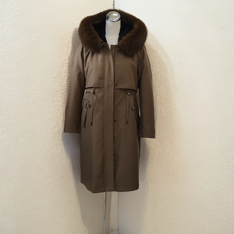 女士长款飘带兔毛派克服，狐狸毛领，衣长一米，冬日通勤保暖必备