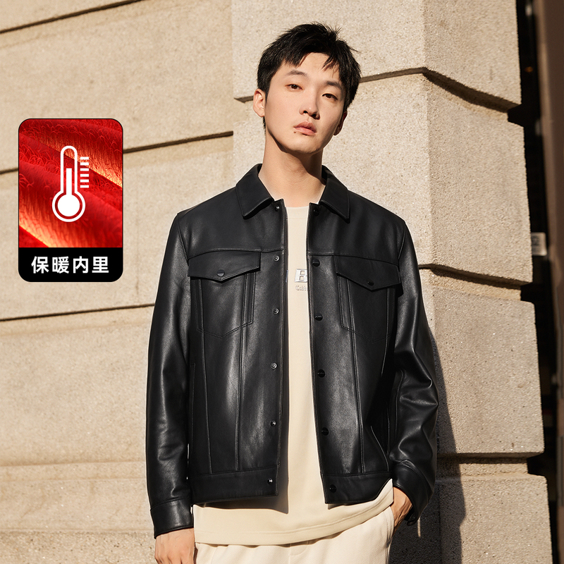 CABBEEN卡宾男装绵羊皮皮衣2024春新款夹克外套机车服3233122001