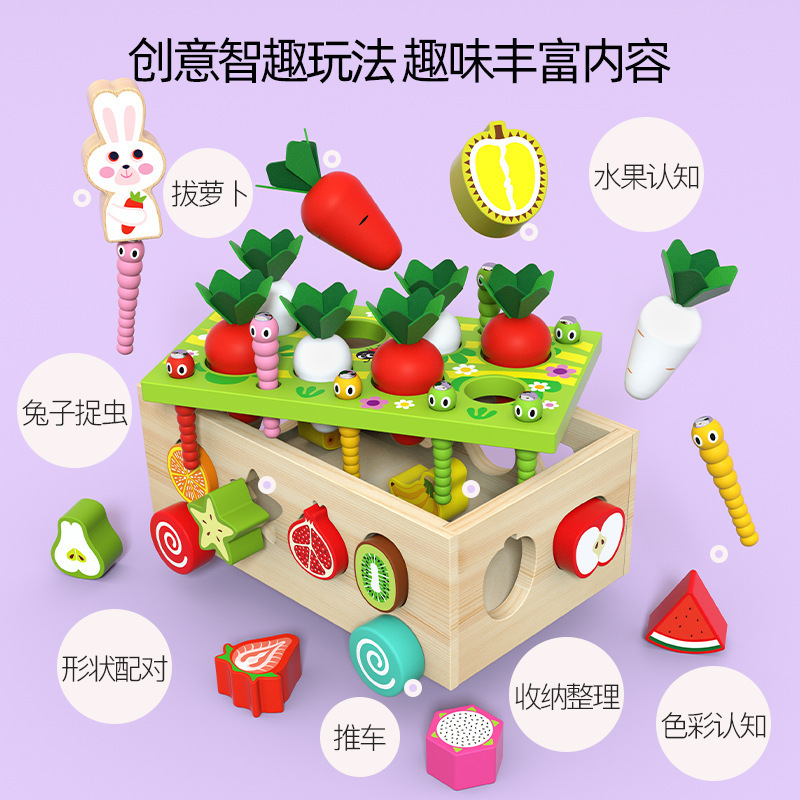 小扬哥】木质多功能儿童数字水果动物形状积木多孔萝卜配对形状智