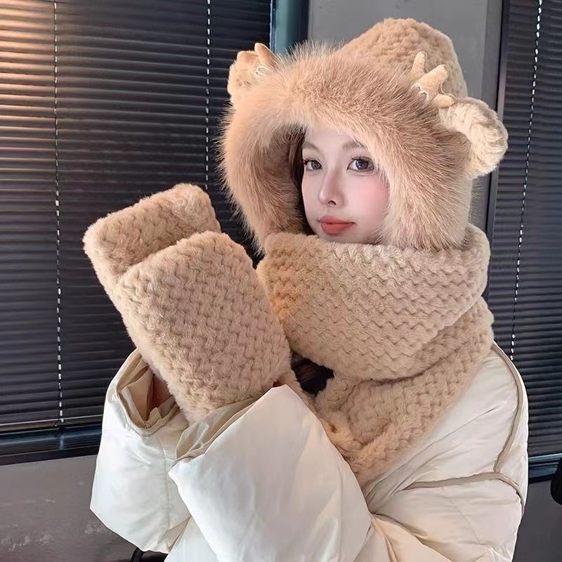 【小龙宝】小熊帽子保暖围脖围巾三件套连帽防风保暖帽秋冬手套加绒