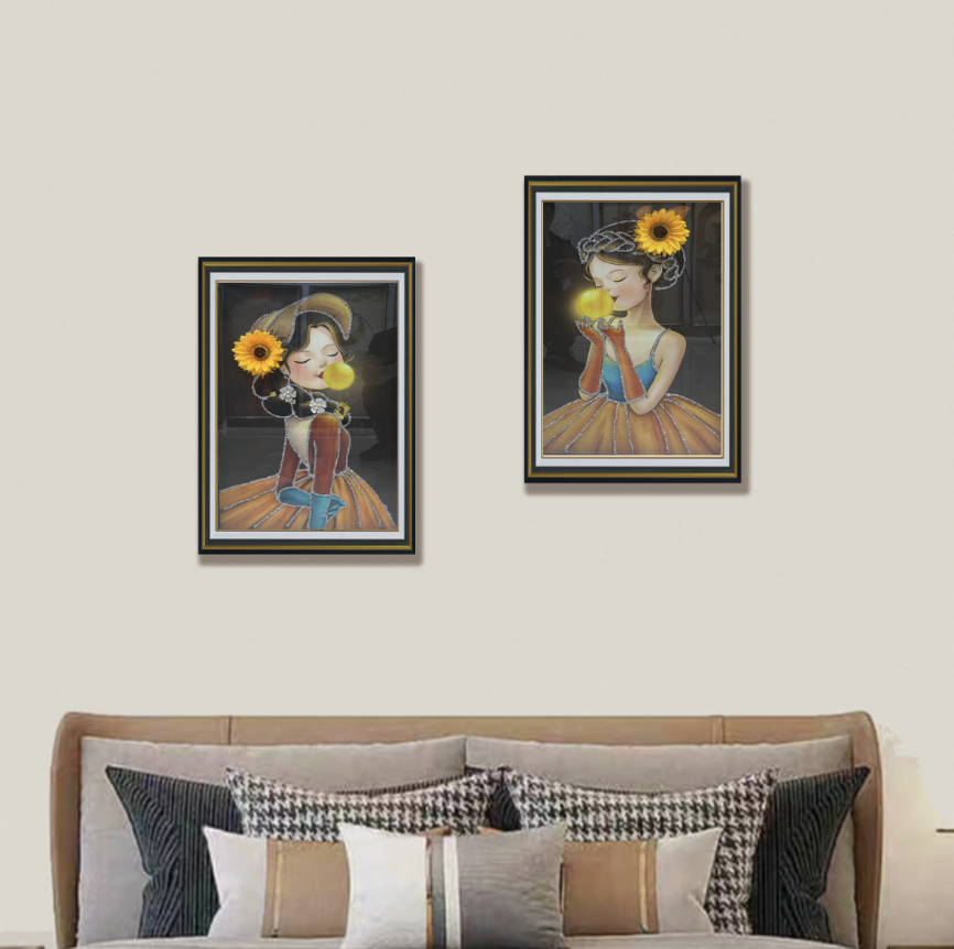 钢化玻璃卧室现代简约床头装饰画房间背景画轻奢两联主卧画立体