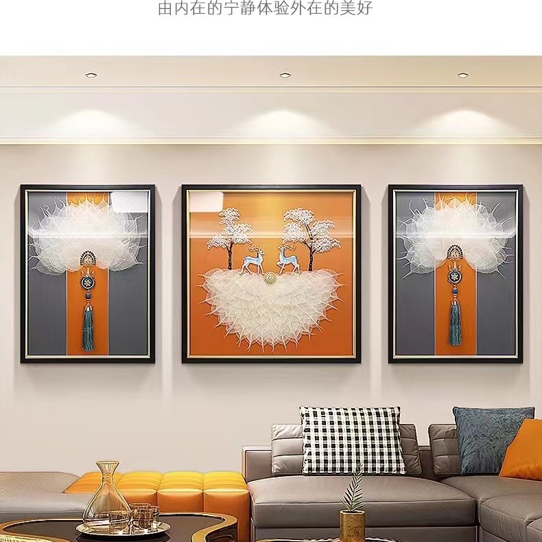 客厅实物立体装饰画现代轻奢沙发背景墙三联壁画菩提叶简约挂画