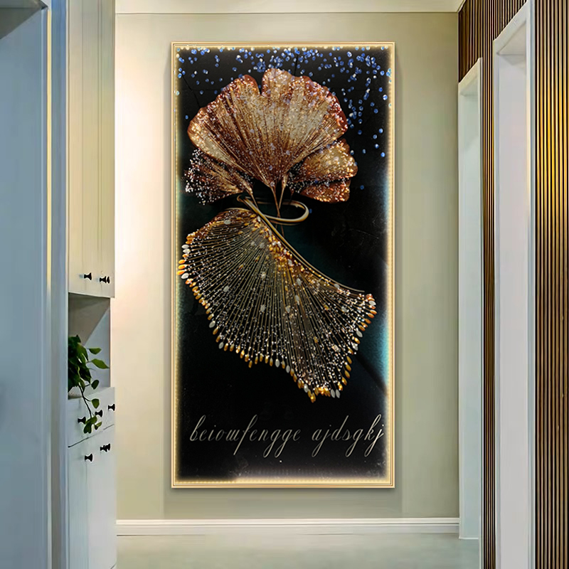 高级感银杏叶现代轻奢竖版走廊过道挂画创意壁画抽象花卉晶瓷画