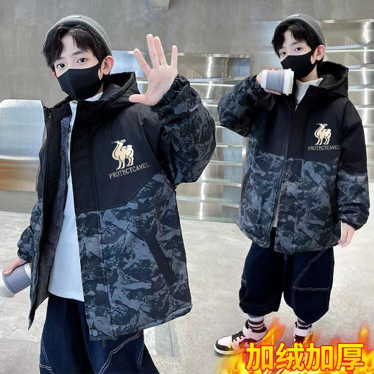 加厚男童冬季外套连帽中大童上衣儿童运动百搭加绒男孩帅气风衣